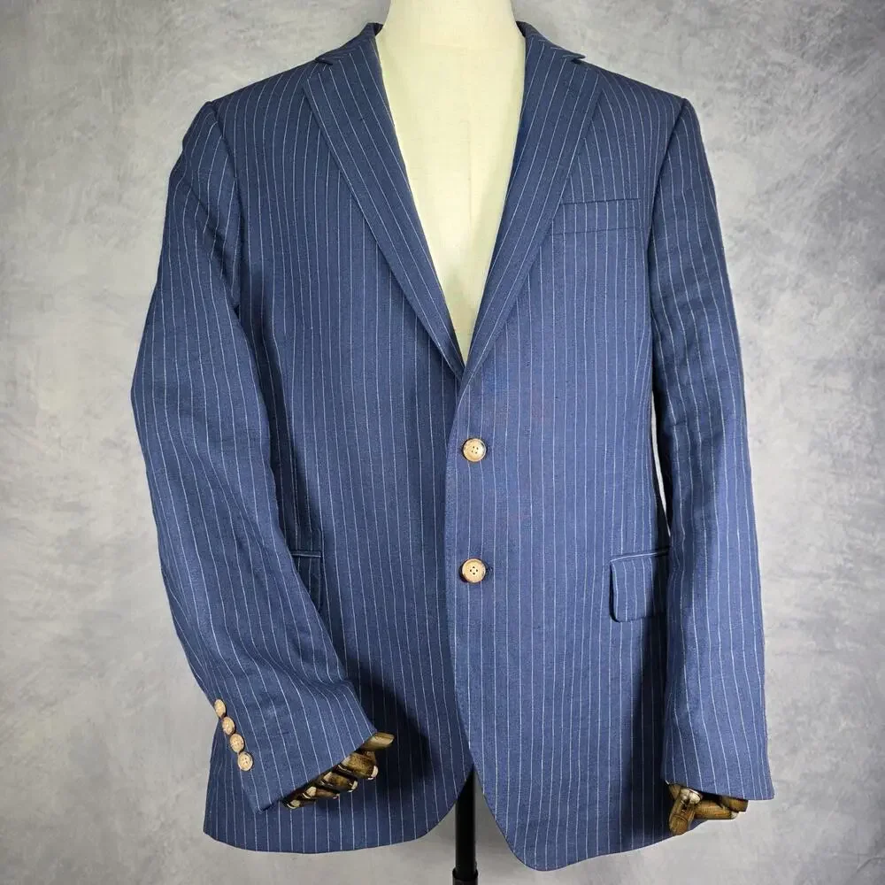 Lands End Blazer Mens 42 Blue Pinstripe Linen Two Button Sport Coat Jacket